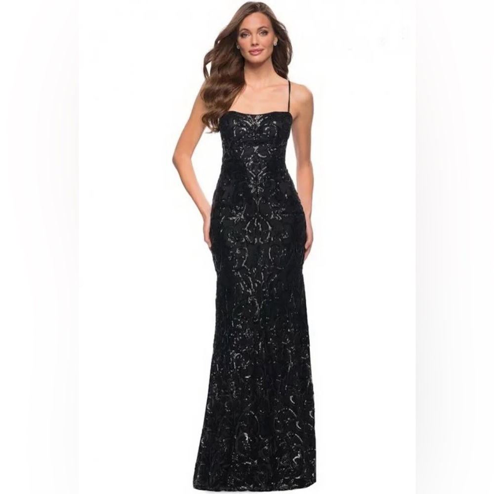 La Femme Black Sequin Prom Dress